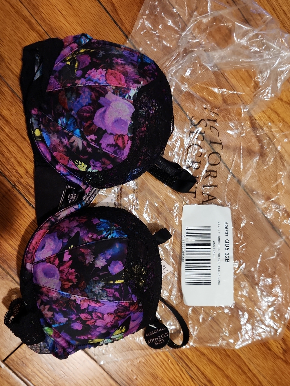 Victoria's Secret Bombshell Black Bra with Purple Floral Print